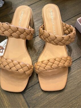 NIBSincerly Jules Tan Braided Two-Strap Block Heel Sandals Sz 8.5